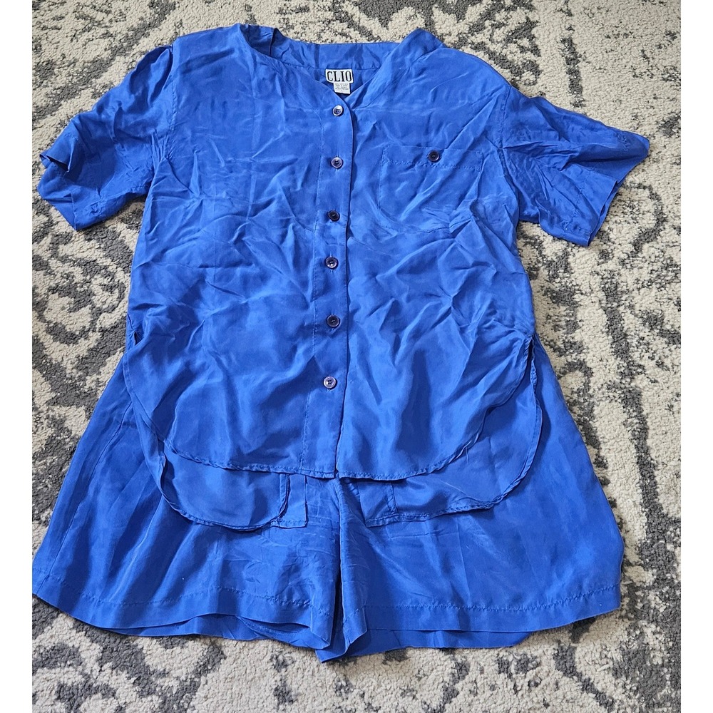 Vintage Clio 100% Silk 2 Piece Set Cobalt Blue Shirt and Shorts 80s 90s Large